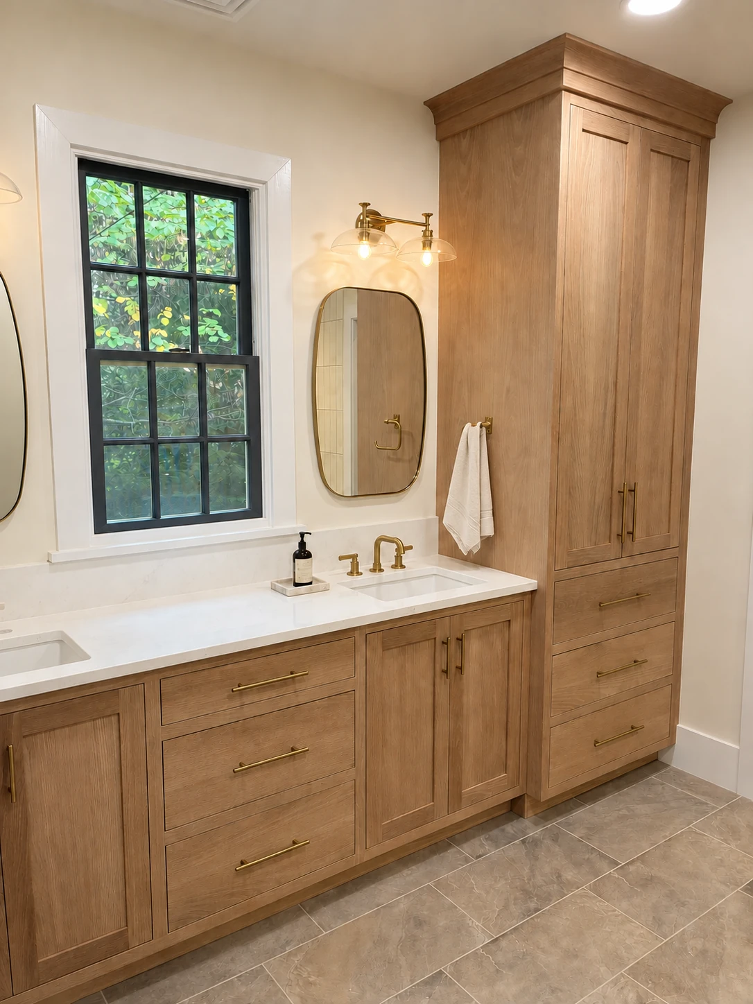 Custom bathroom vanity and warm wood cabinetry remodeled by Buck Run Builders