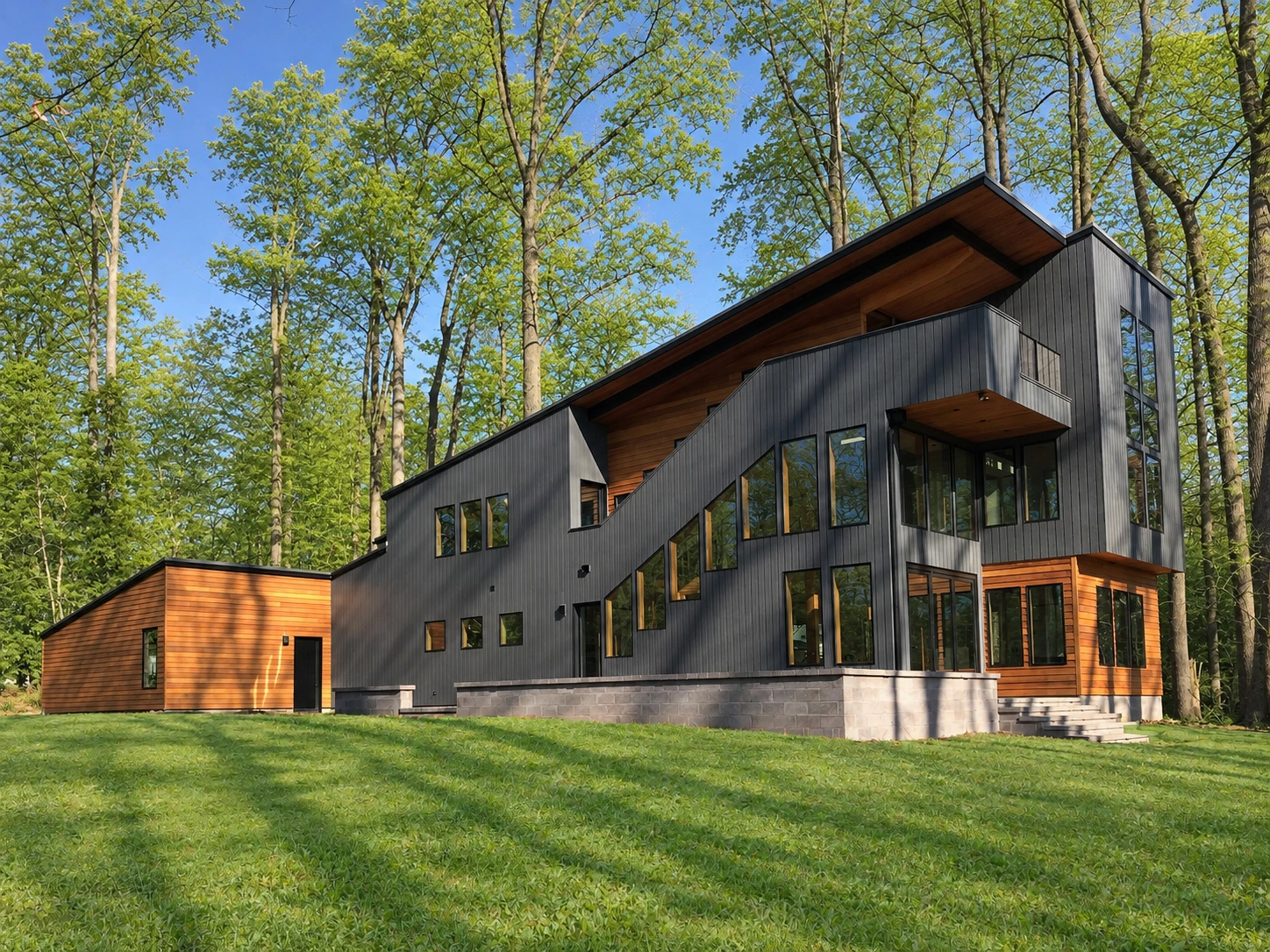 Modern custom home with dark siding and warm wood accents in a wooded setting
